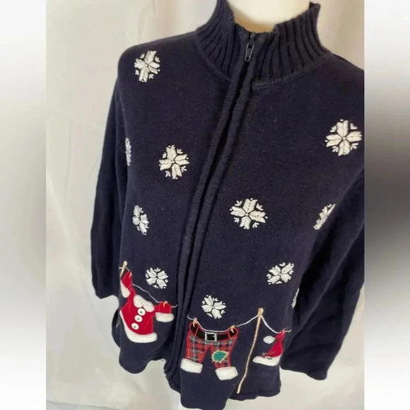 Crystal Kobe Blue Christmas Zip cardigan Sweater Santa's clothes snowflakes M - Picture 4 of 16